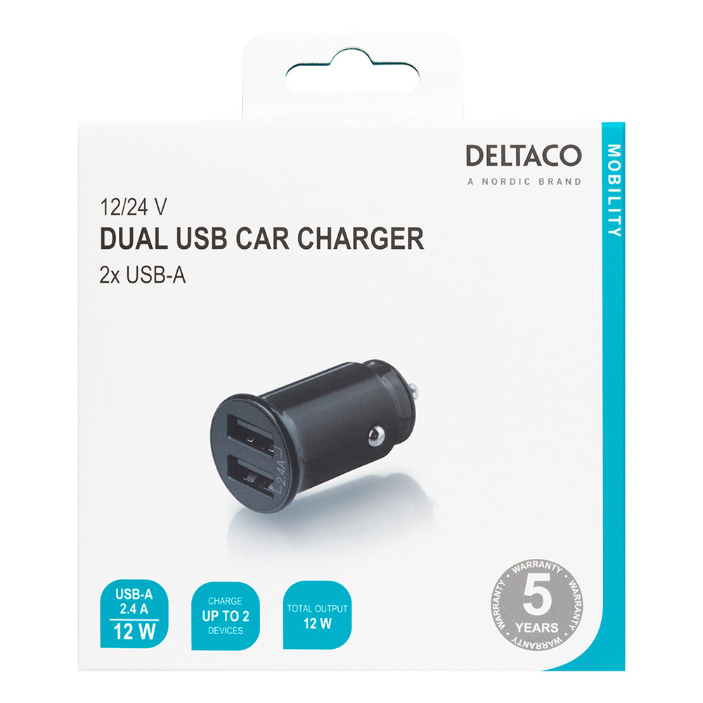 Deltaco USB-billaddare med 2xUSB-uttag, 12W, 2.4A, svart