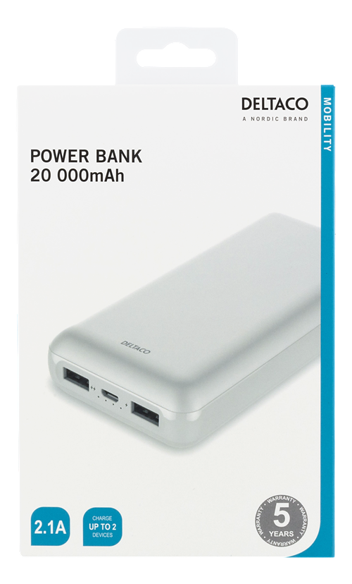 Deltaco 20.000 mAh Powerbank, 2x USB-A, LED-indikator, vit