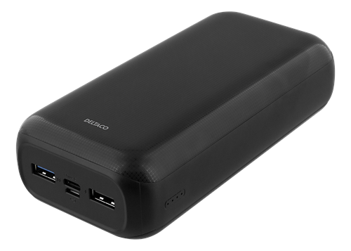 Deltaco 30.000 mAh Powerbank, USB-A, USB-C, LED-indikator, svart