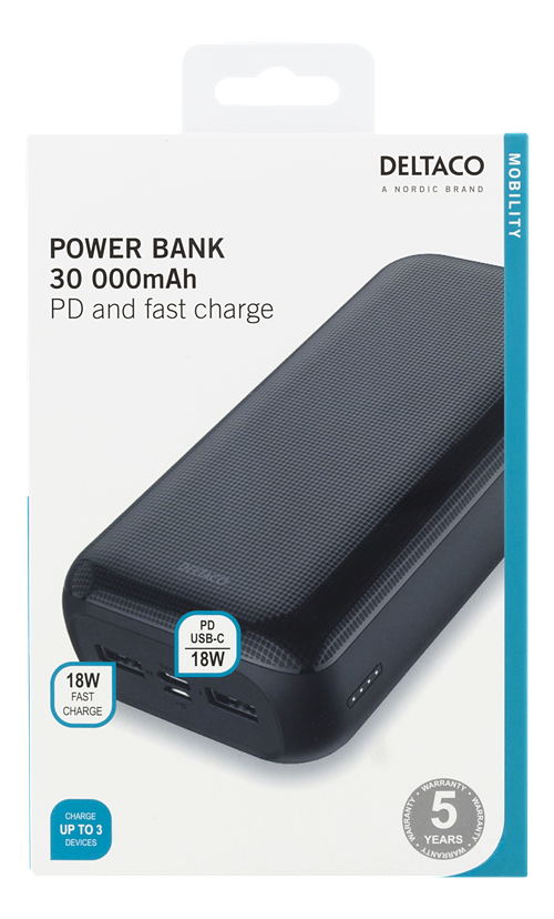 Deltaco 30.000 mAh Powerbank, USB-A, USB-C, LED-indikator, svart