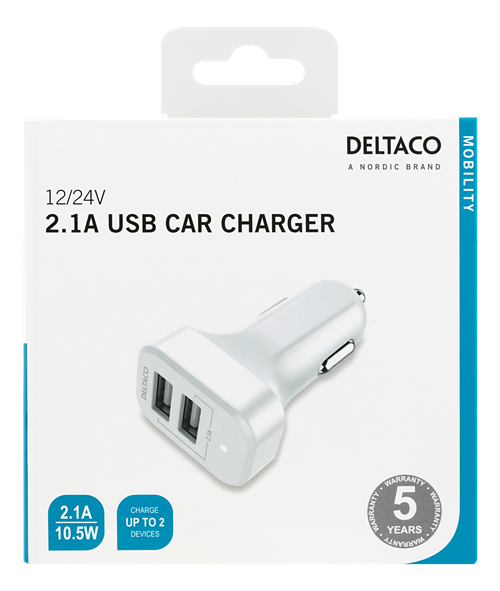 DELTACO Billaddare, 2xUSB-A, 2,1A 10W, vit