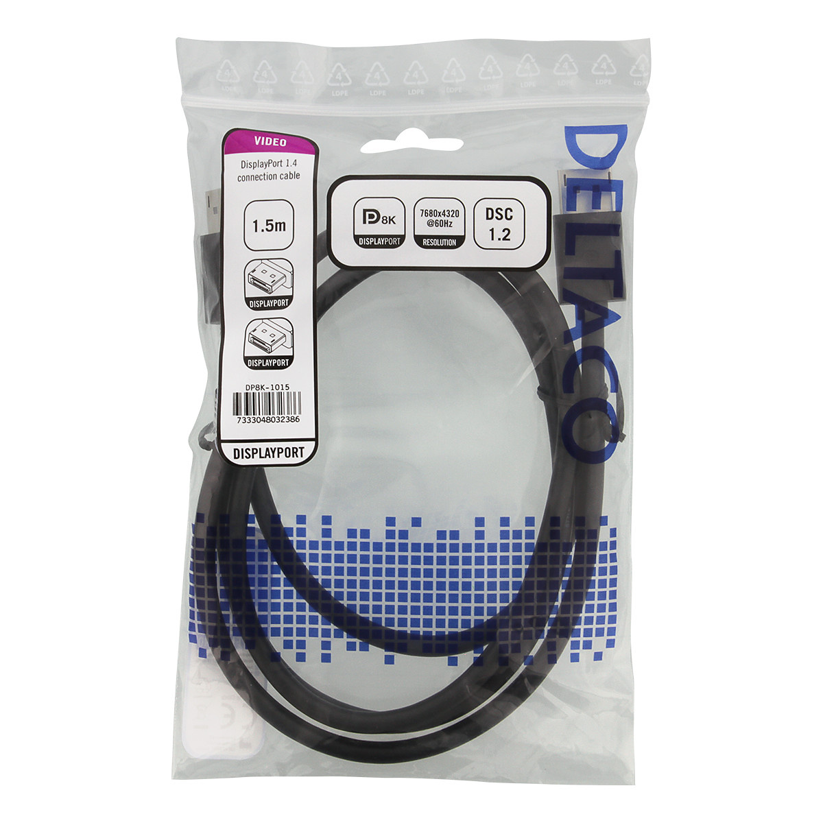 Deltaco DisplayPort-kabel, DP1.4, 7680x4320, 60Hz, 1.5m, svart