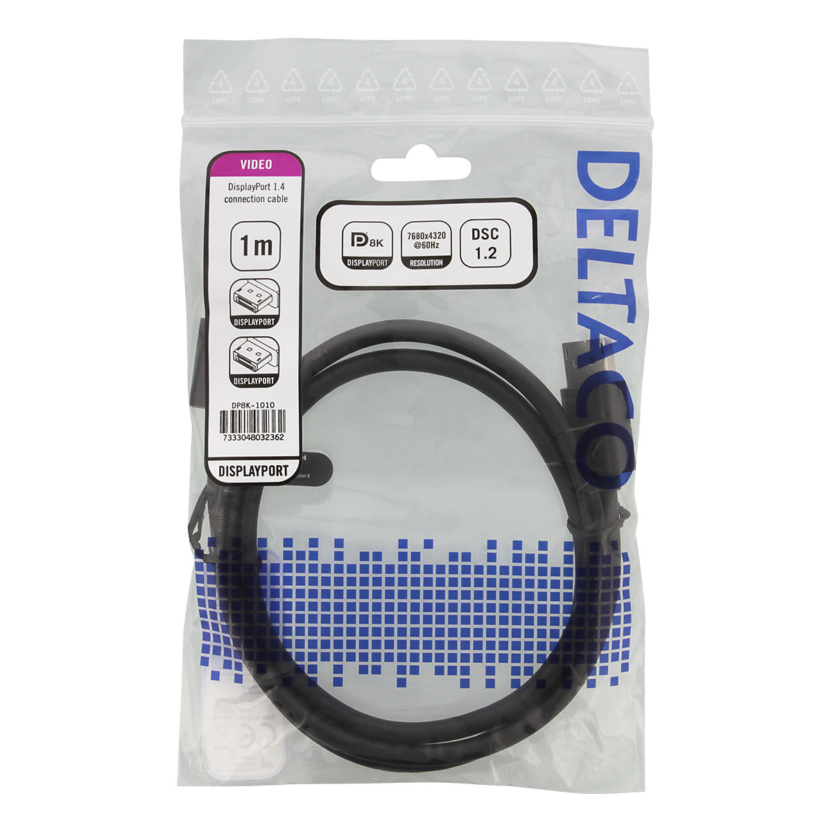 Deltaco DisplayPort kabel, 60Hz, 1m, svart