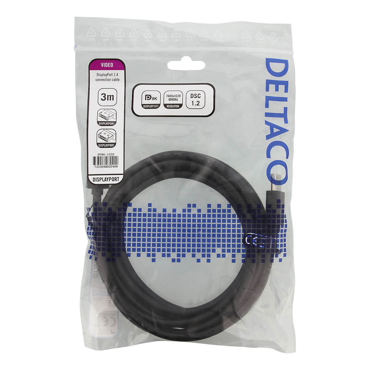 Deltaco DisplayPort-kabel, 7680x4320, 60Hz, 3m, svart