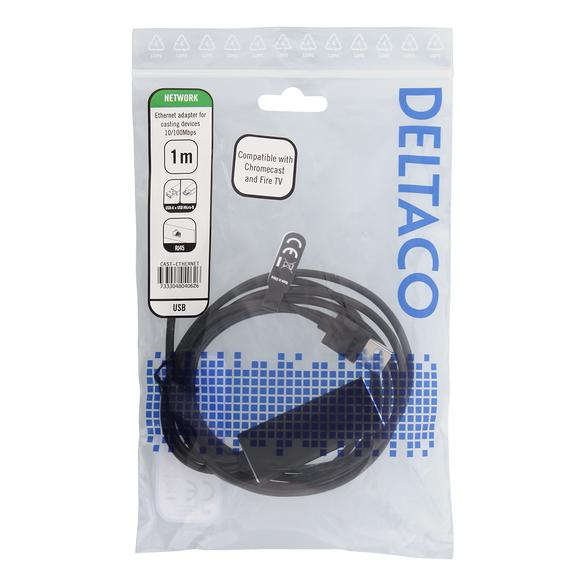 Deltaco Ethernet adapter för casting-enheter, 100 Mbps, svart
