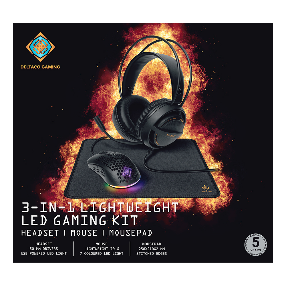 Deltaco Gaming 3-i-1 Gaming-kit, hörlurar/mus/musmatta, LED