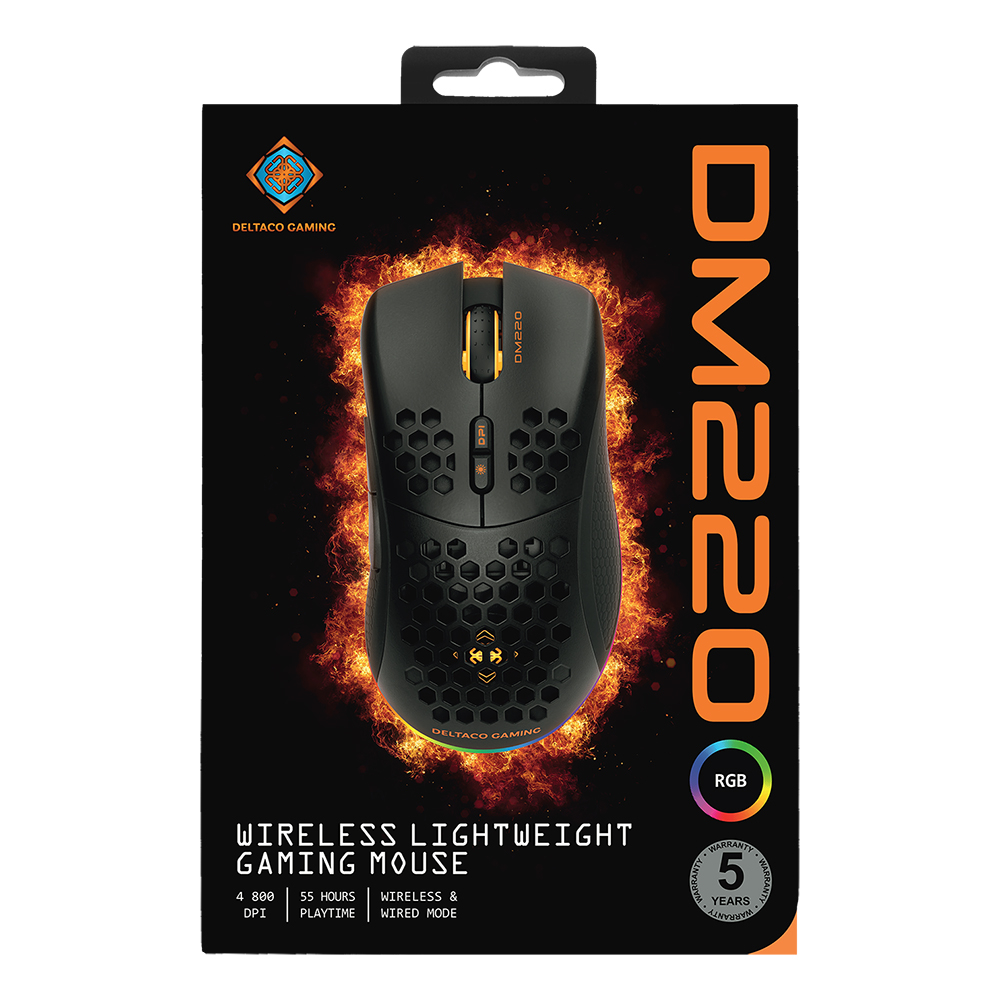Deltaco Gaming trådlös gamingmus, RGB, USB-C kabel, svart