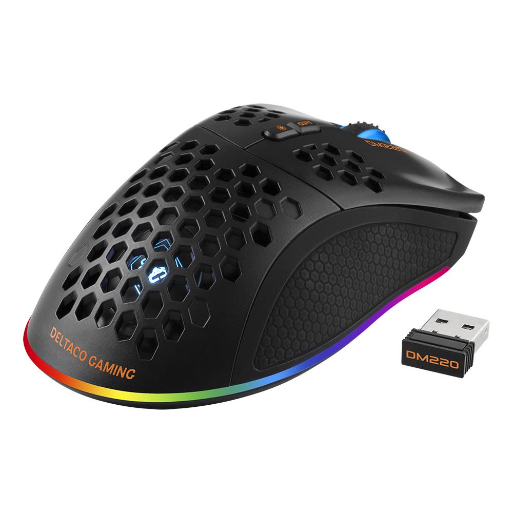 Deltaco Gaming trådlös gamingmus, RGB, USB-C kabel, svart
