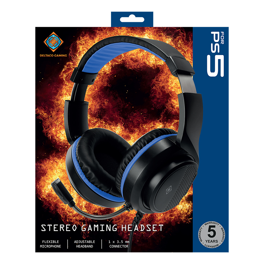 Deltaco Gaming Stereo-headset till PS5, 3.5mm, 2m kabel, svart