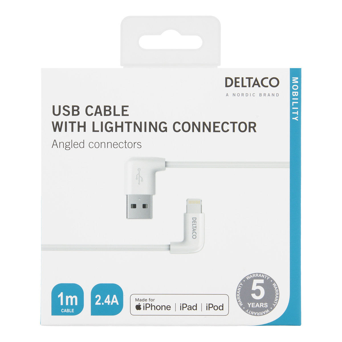 Deltaco vinklad USB-A/Lightningkabel, 1m