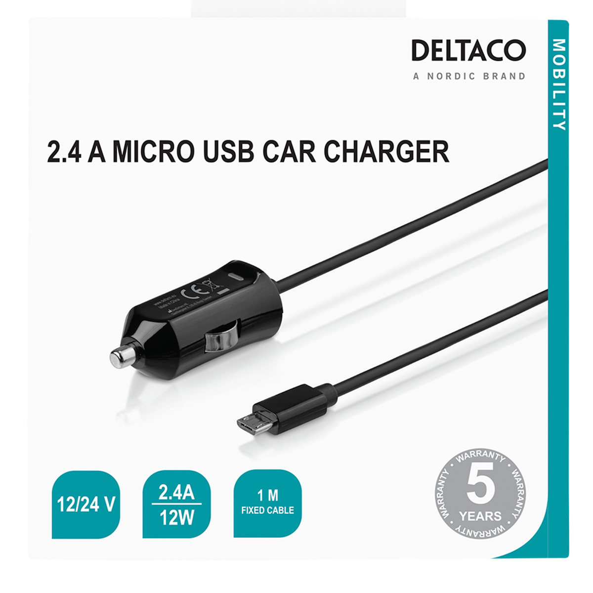 Deltaco billaddare med MicroUSB-kabel, 12W, 2.4 A, 1m