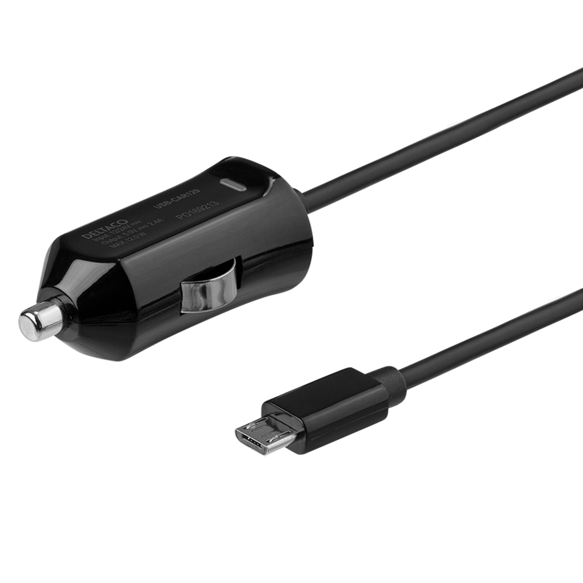 Deltaco billaddare med MicroUSB-kabel, 12W, 2.4 A, 1m