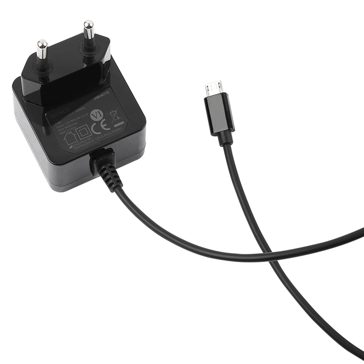 Deltaco MicroUSB väggladdare,12W, 2.4A, 1m