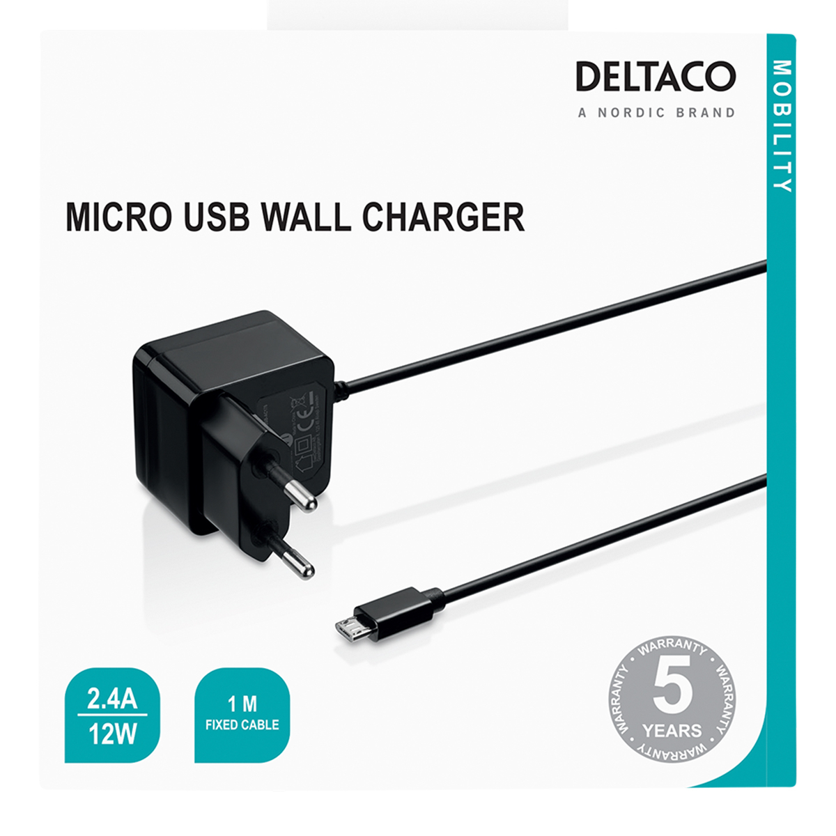 Deltaco MicroUSB väggladdare,12W, 2.4A, 1m