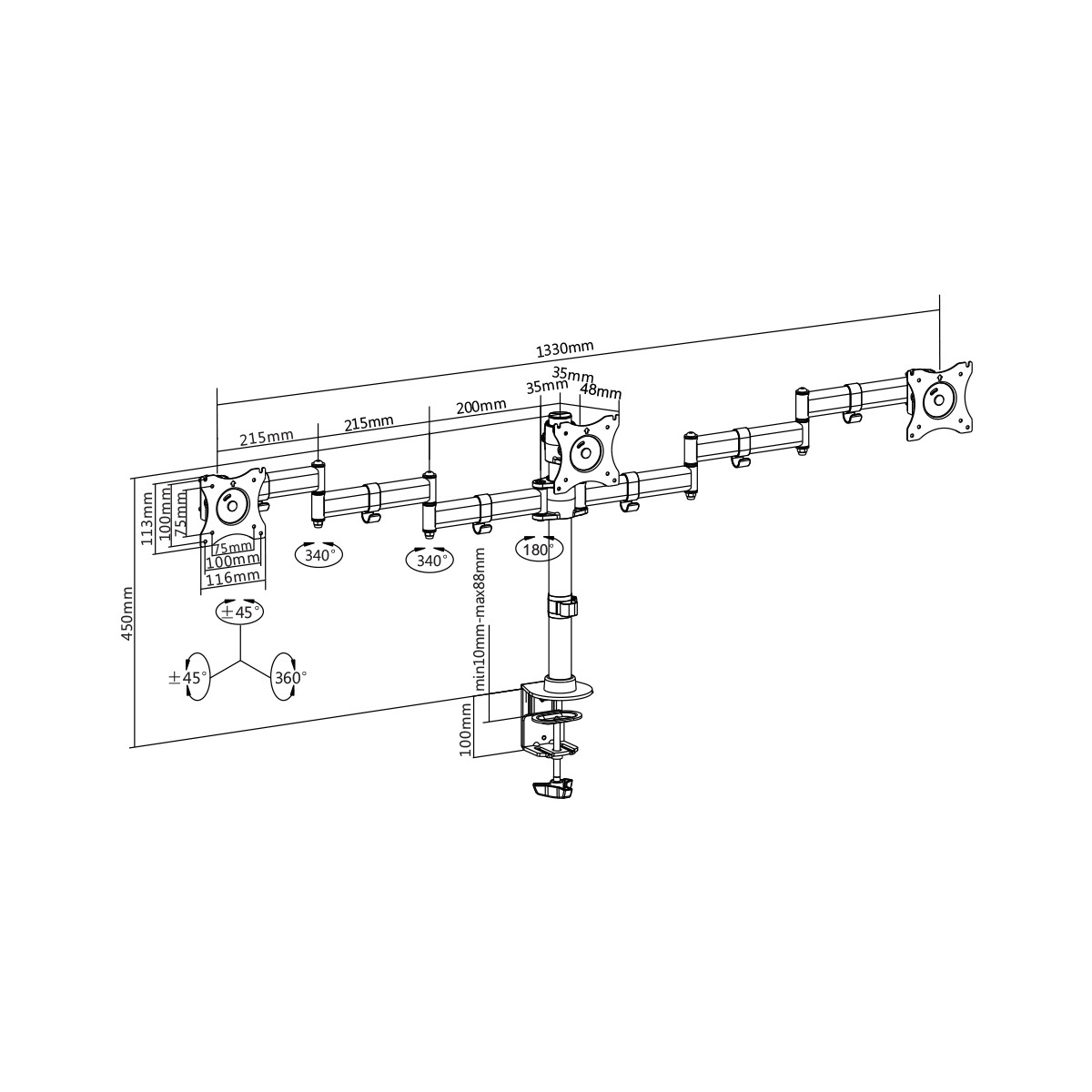 DELTACO Office, Tripple desk, 13-27 tum, 8kg, 75x75-100x100