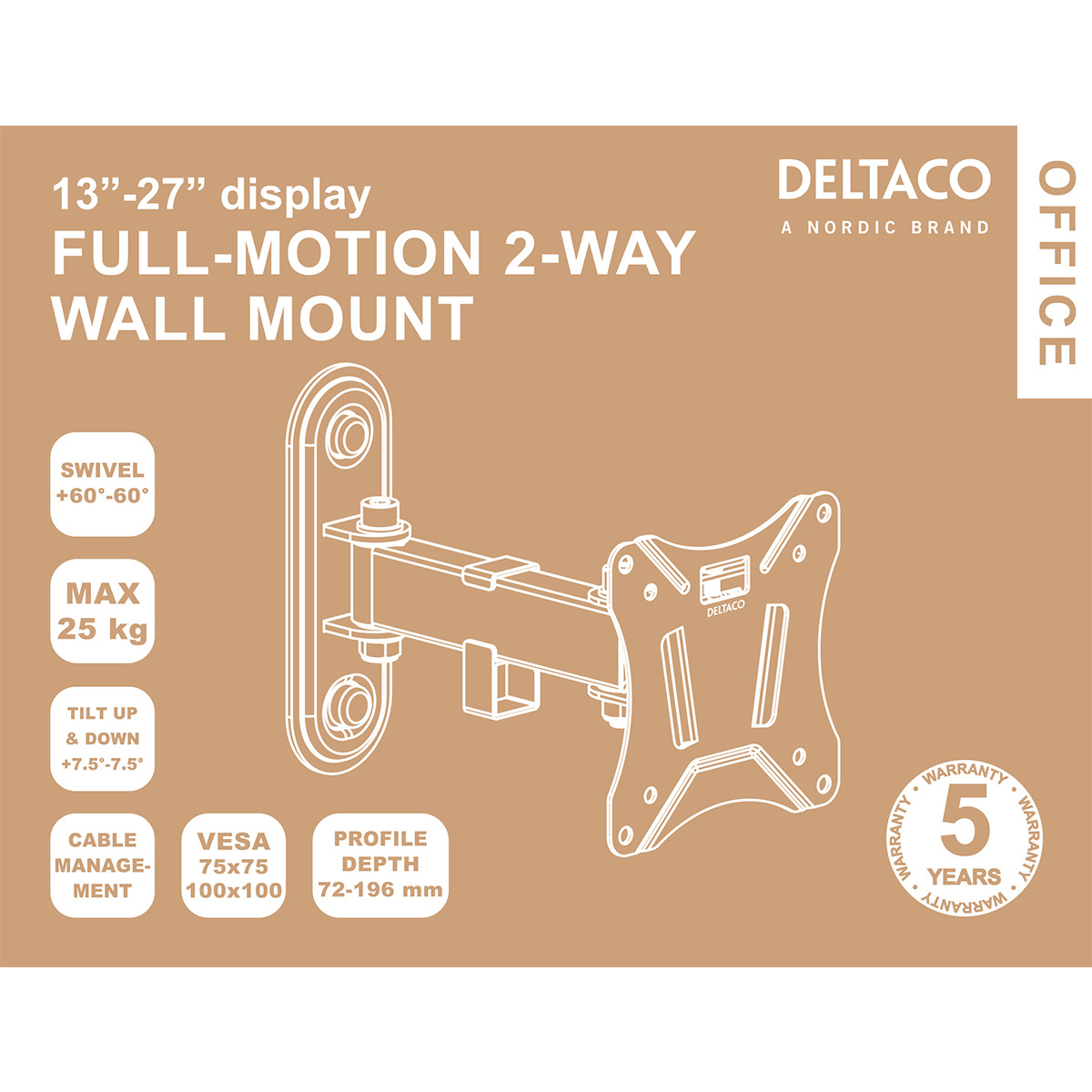 Deltaco Office väggfäste, tiltbar, svängbar, 13-27 tum, 25kg