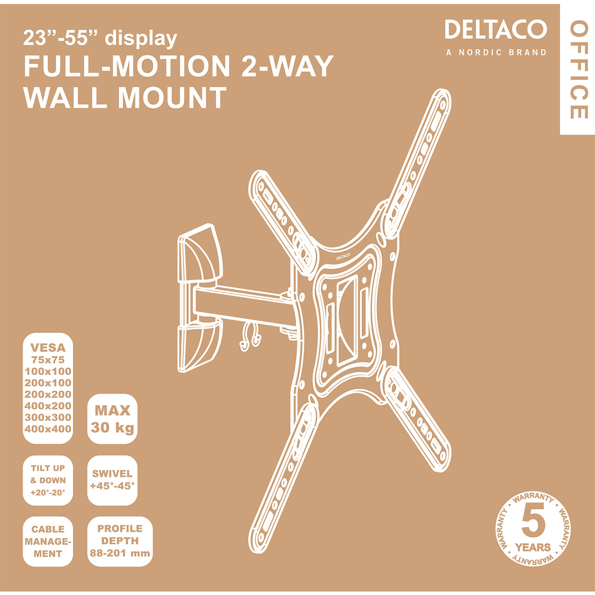 Deltaco Office väggfäste, tiltbar, svängbar, 23-55 tum, 30kg