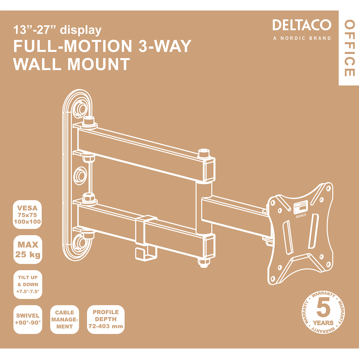 Deltaco Office, full-motion väggfäste, 13"-27", 75x75-100-100