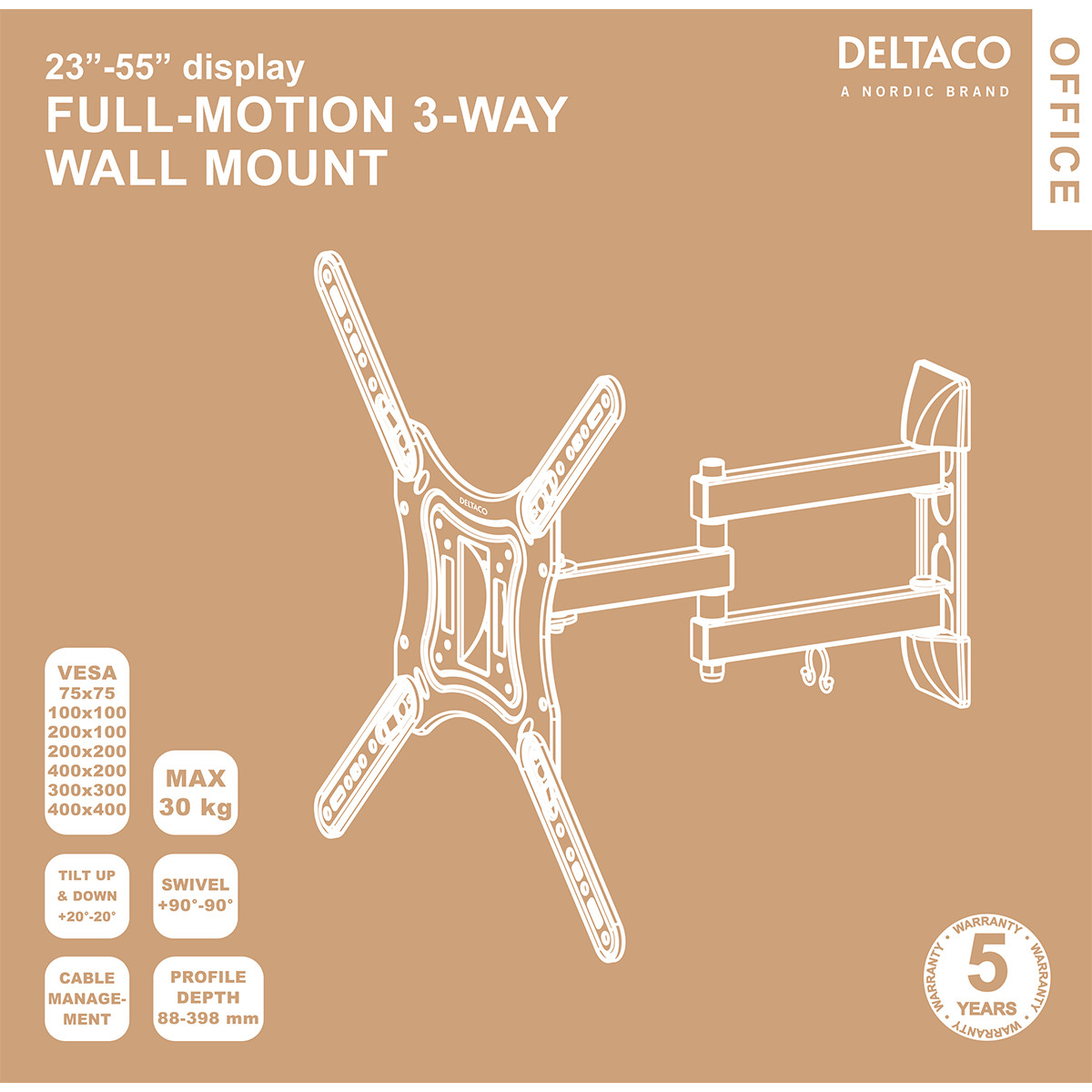 Deltaco Office väggfäste, tiltbar, svängbar, 23-55 tum, 30kg