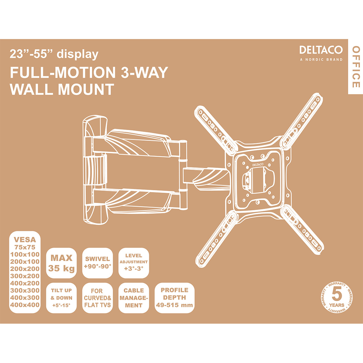 Deltaco Office Elegant väggfäste, tiltbar, svängbar, 23-55 tum