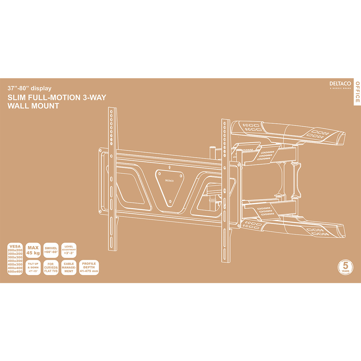 Deltaco Office, väggfäste, Ultra-Slim, 37-80 tum, 45 kg