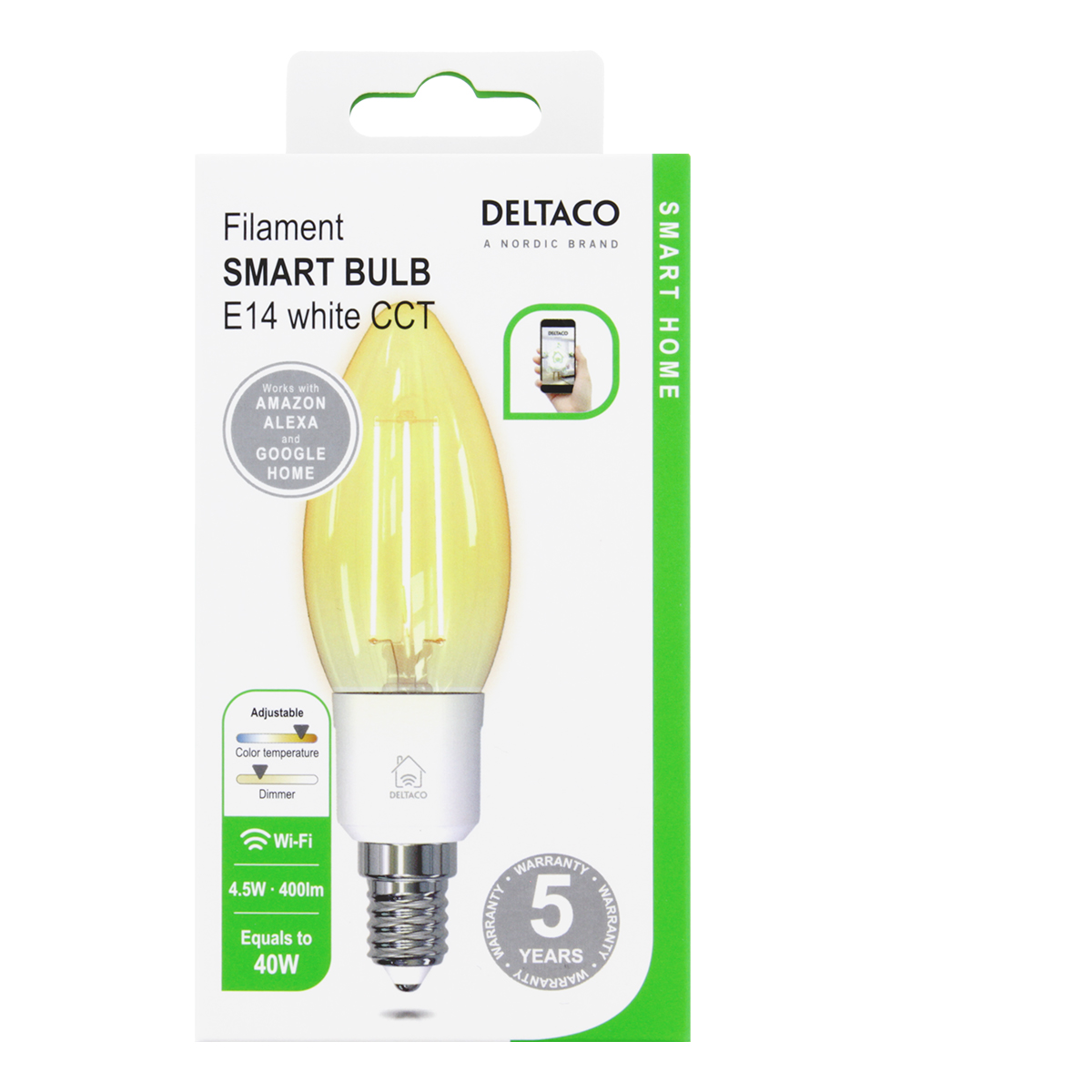 Deltaco Smart Home LED-lampa, E14, WiFi, 4.5W, dimbar