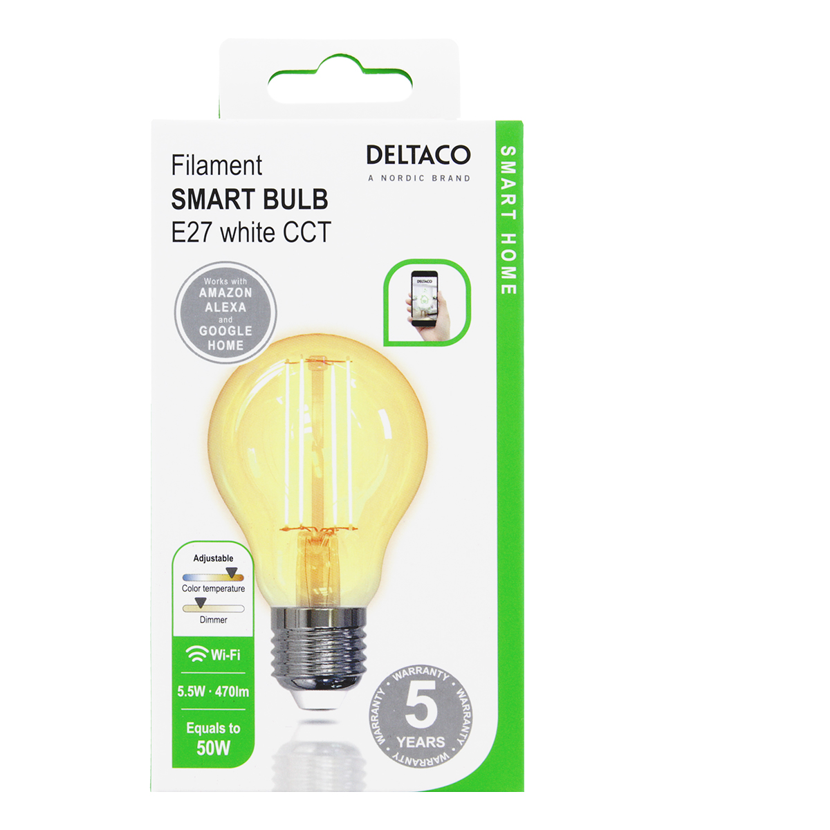 Deltaco Smart Home LED-lampa, E27, WiFi, 5.5W, dimbar