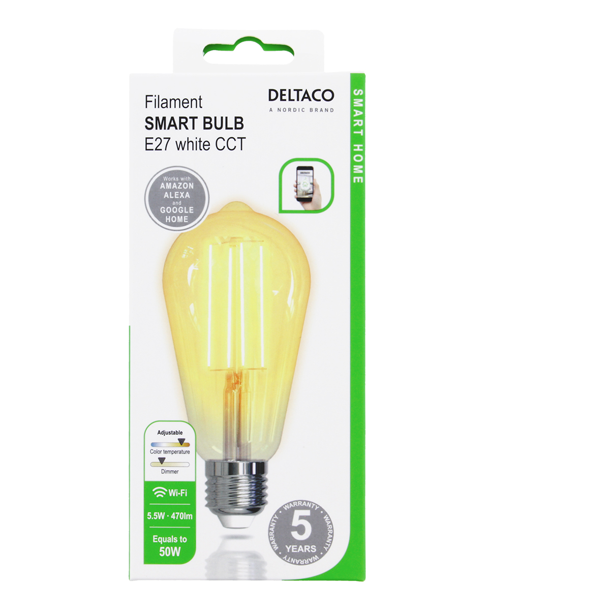 Deltaco Smart Home LED-lampa, E27, WiFi, 5.5W, dimbar