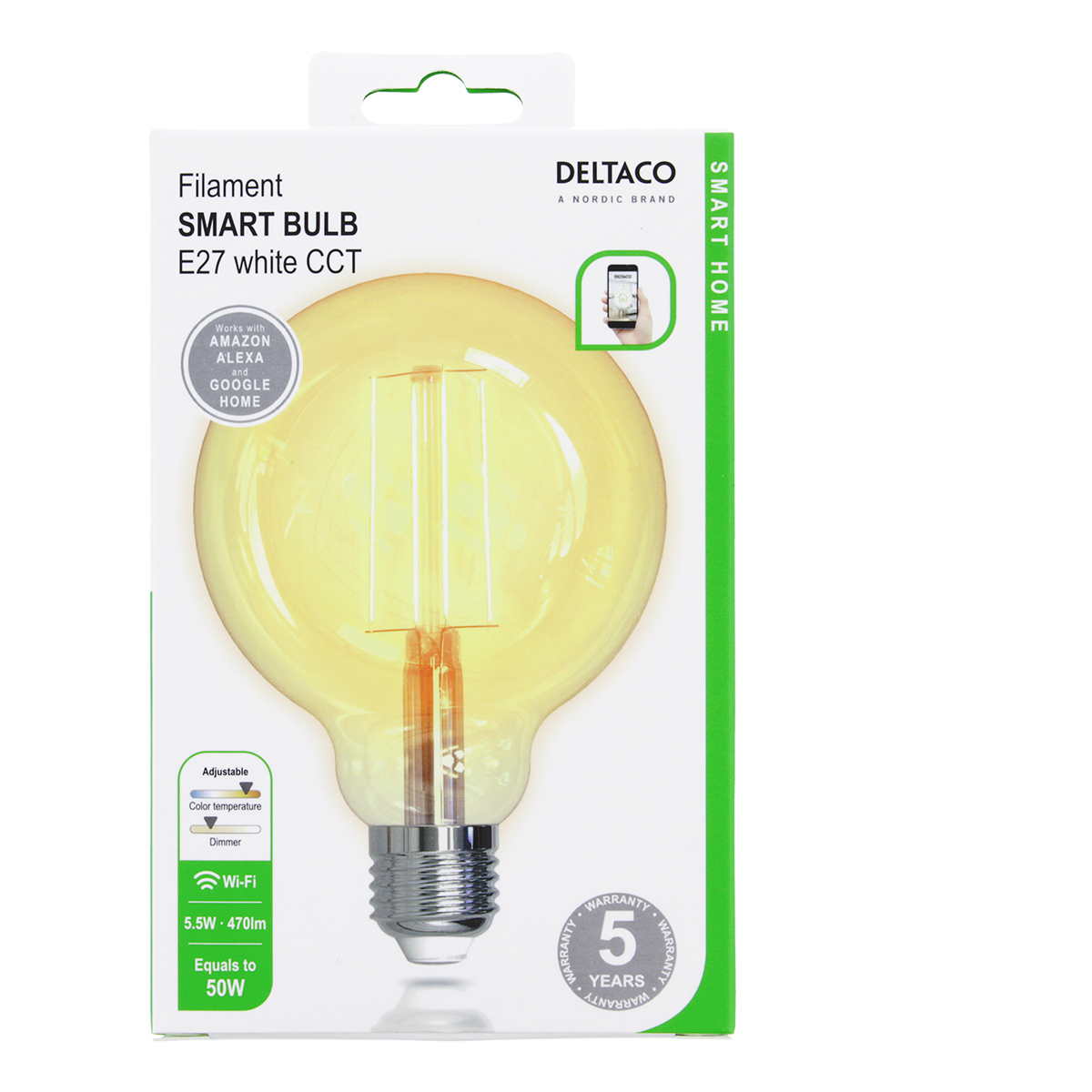 Deltaco Smart Home LED-lampa, E27, WiFi, 5.5W, dimbar