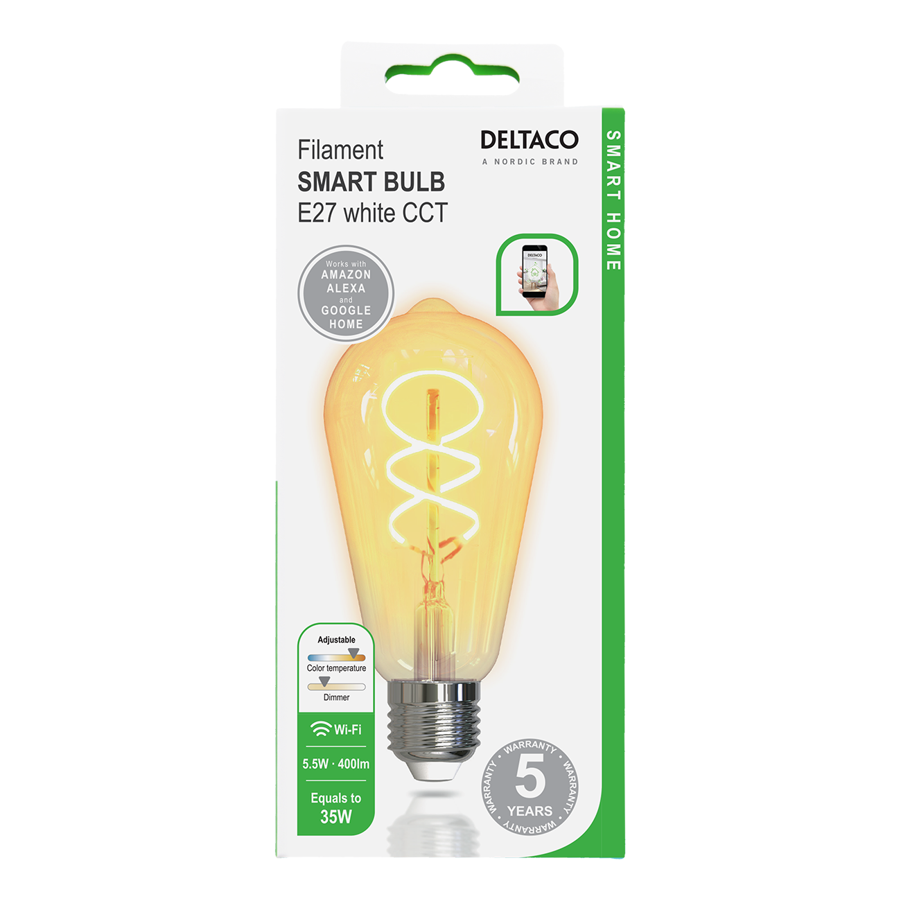 DELTACO SMART HOME Filament LED-lampa, E27, WiFi, 5.5W