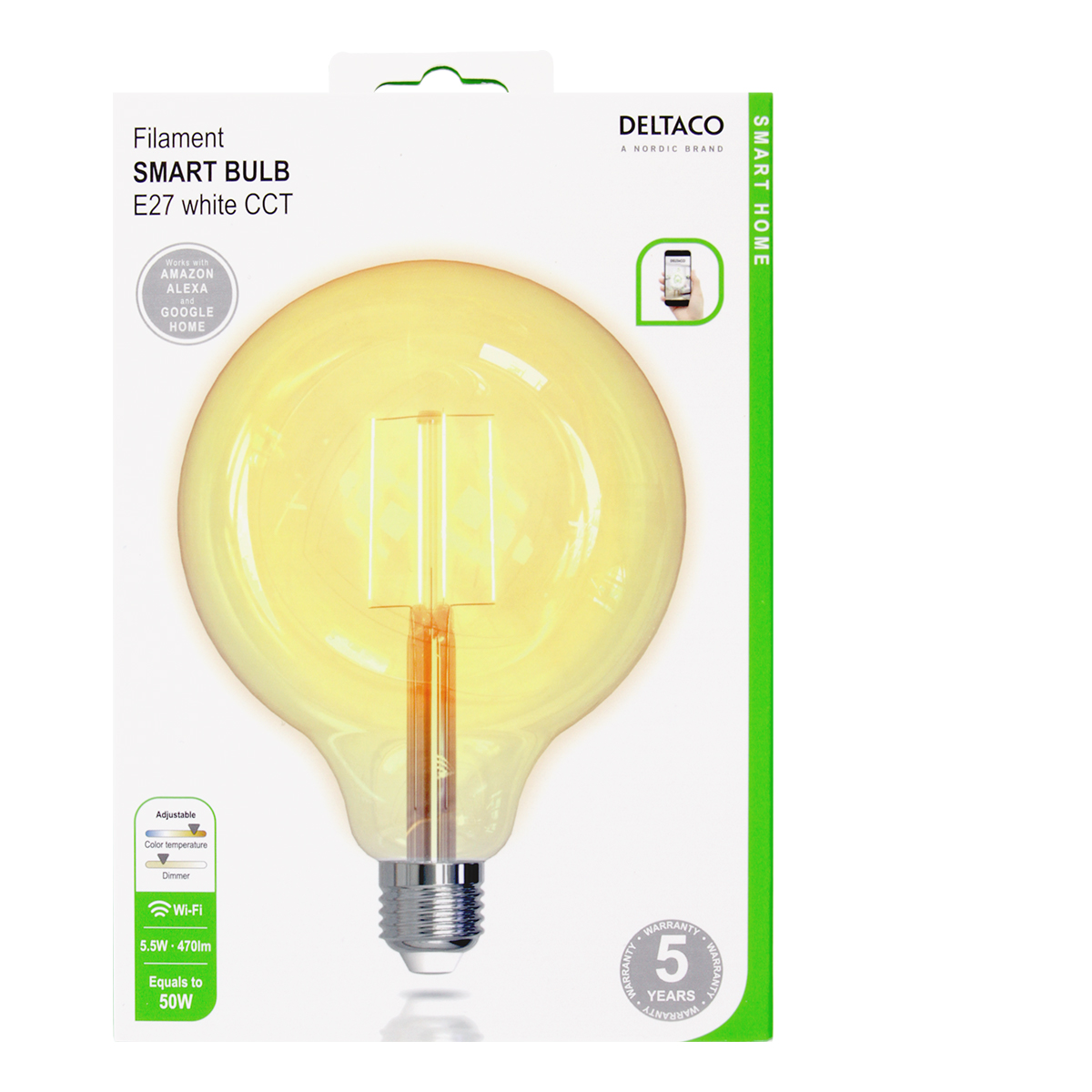 Deltaco Smart Home LED-lampa, E27, WiFi, 5.5W, dimbar