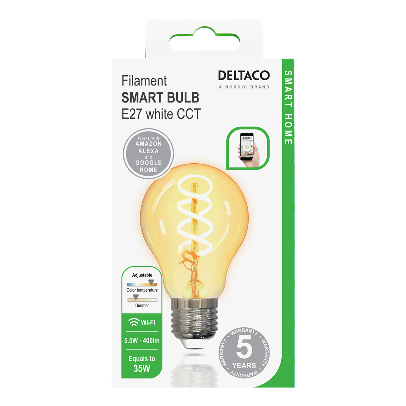 DELTACO SMART HOME Filament LED-lampa, E27, WiFi, 5.5W