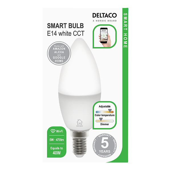 Deltaco Smart Home LED-lampa, E14, WiFi, 5W, 2700K-6500K, dimbar