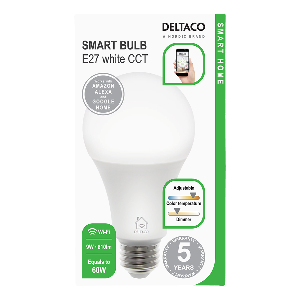 Deltaco Smart Home LED-lampa, E27, WiFi, 9W, 2700K-6500K, dimbar