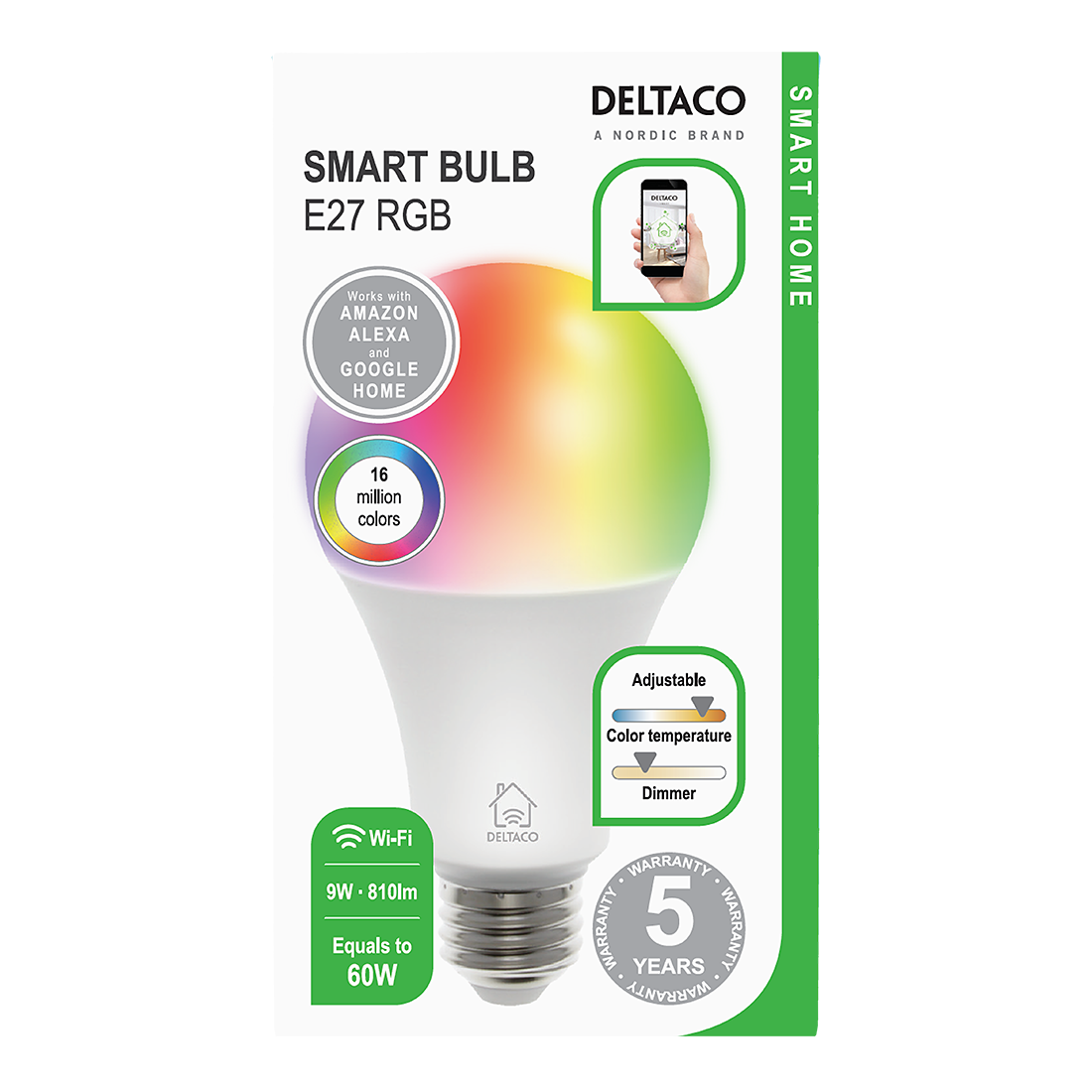 Deltaco Smart Home RGB LED-lampa, E27, WiFi, 9W, 16milj färger