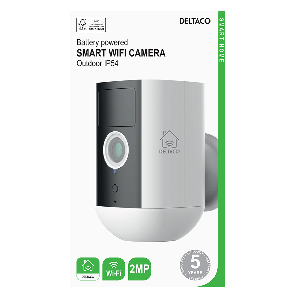 Deltaco Smart Home batteridriven WiFi-kamera, IP54, 2MP, vit