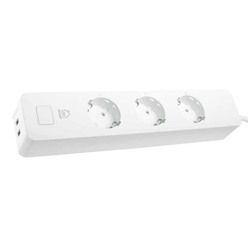 DELTACO SMART HOME grenuttag, 3xCEE 7/3, 2xUSB-A, 1,5m, vit