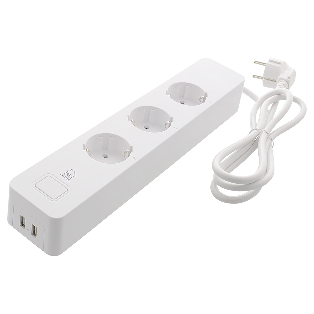 DELTACO SMART HOME grenuttag, 3xCEE 7/3, 2xUSB-A, 1,5m, vit