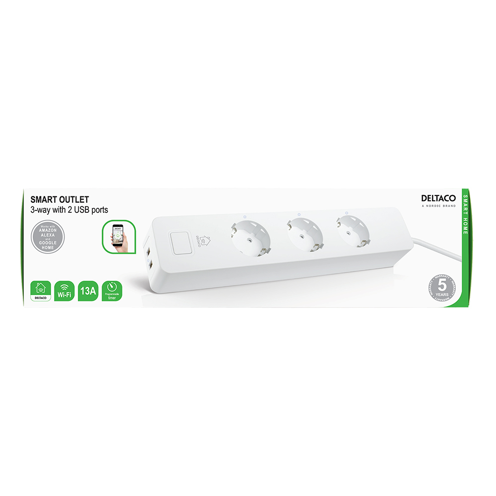 DELTACO SMART HOME grenuttag, 3xCEE 7/3, 2xUSB-A, 1,5m, vit