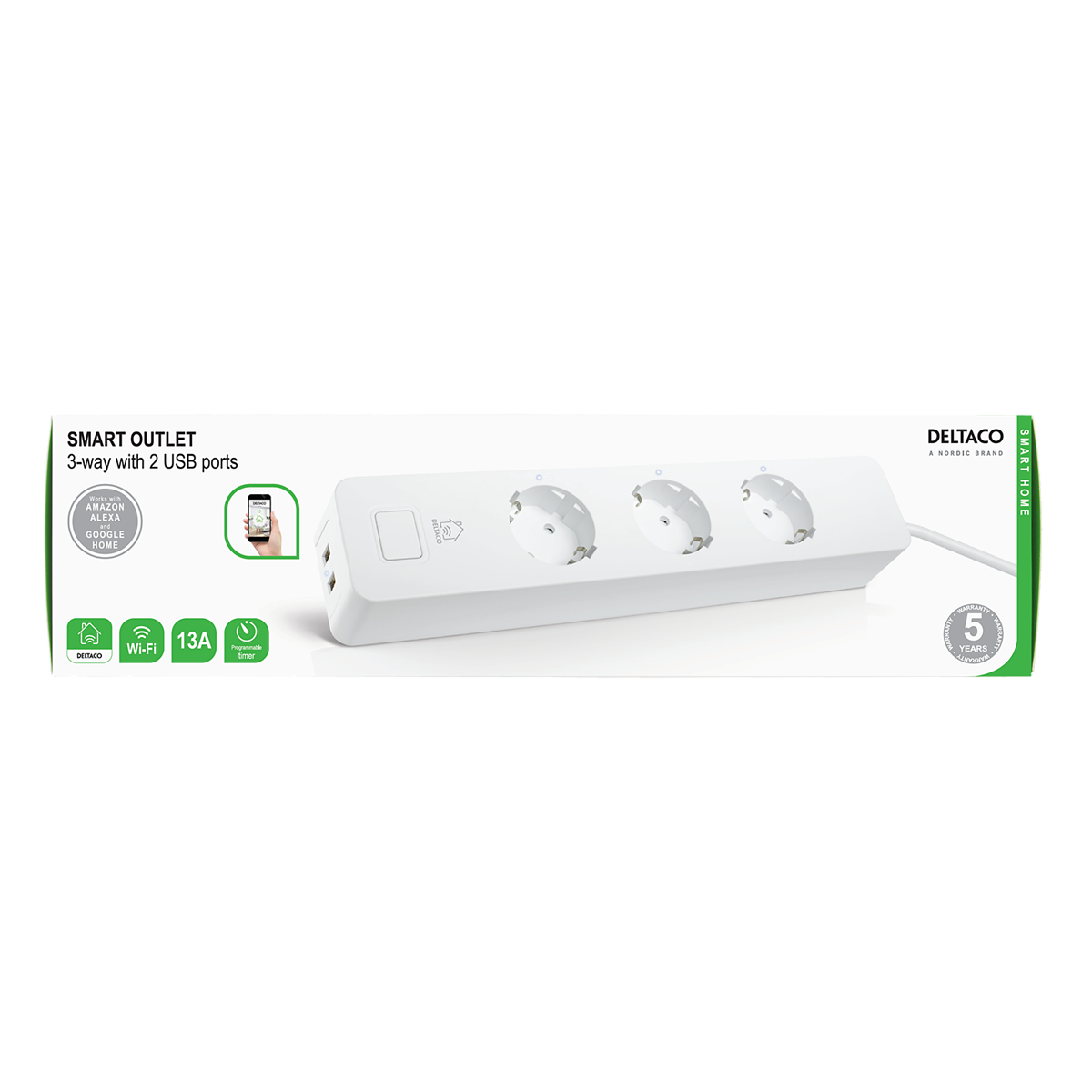 DELTACO SMART HOME grenuttag, WiFi, 3xCEE 7/3, 2xUSB-A, 1.5m