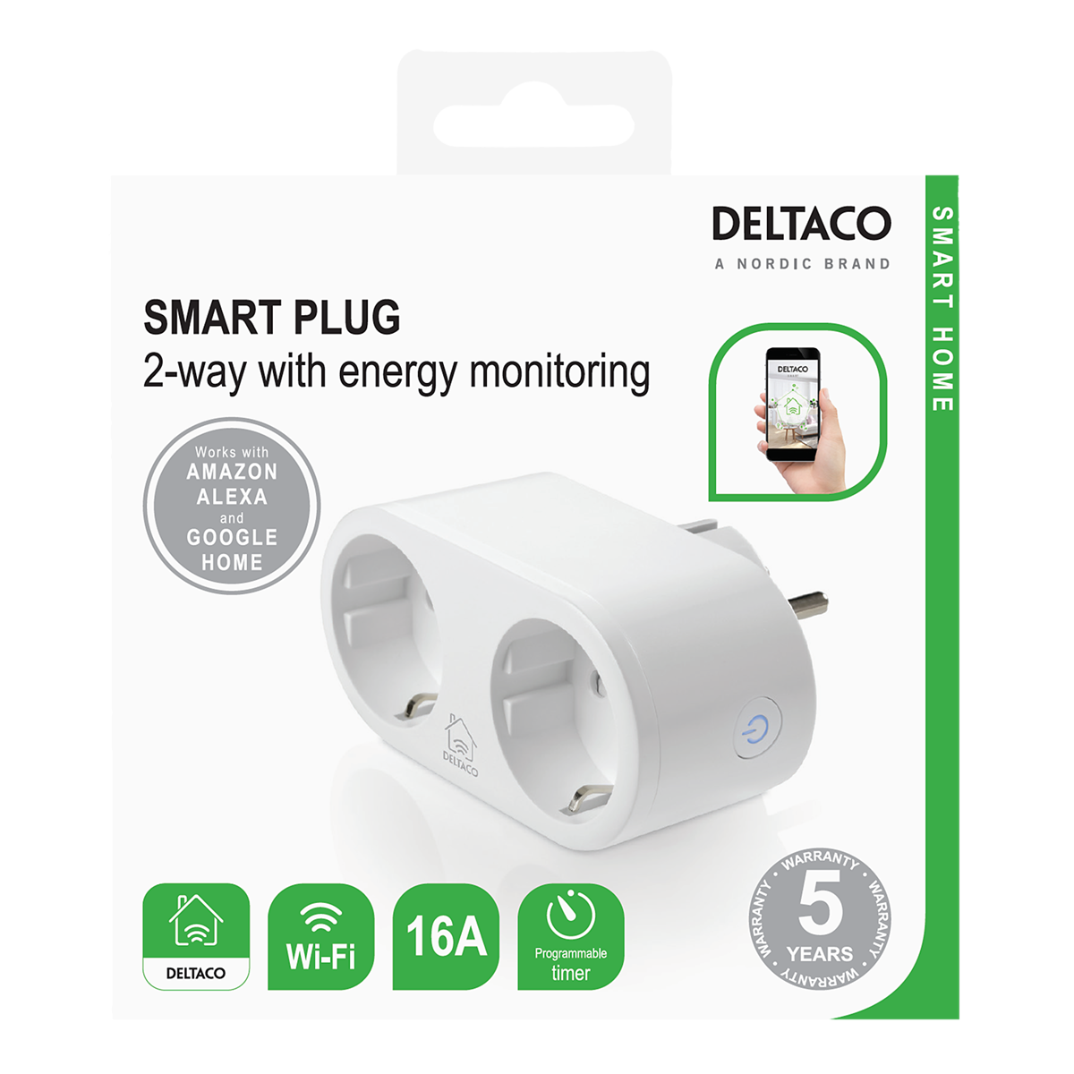DELTACO SMART HOME strömbrytare, WiFi, 2xCEE 7/3, energiöversikt