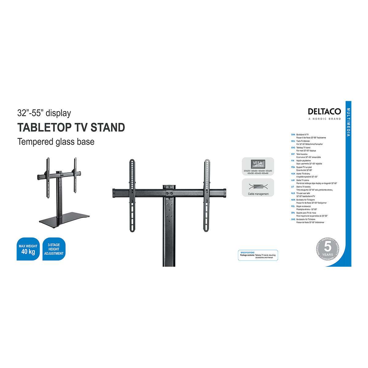 Deltaco Bordsstativ för TV, 32-55tum, 40kg, 200x200-600x400mm