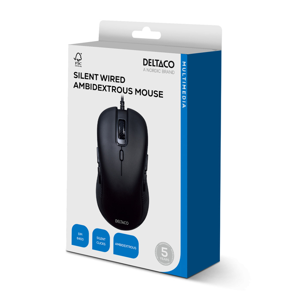 DELTACO Trådbunden tyst ambidextriös mus, 6 knappar, 800-2400DPI