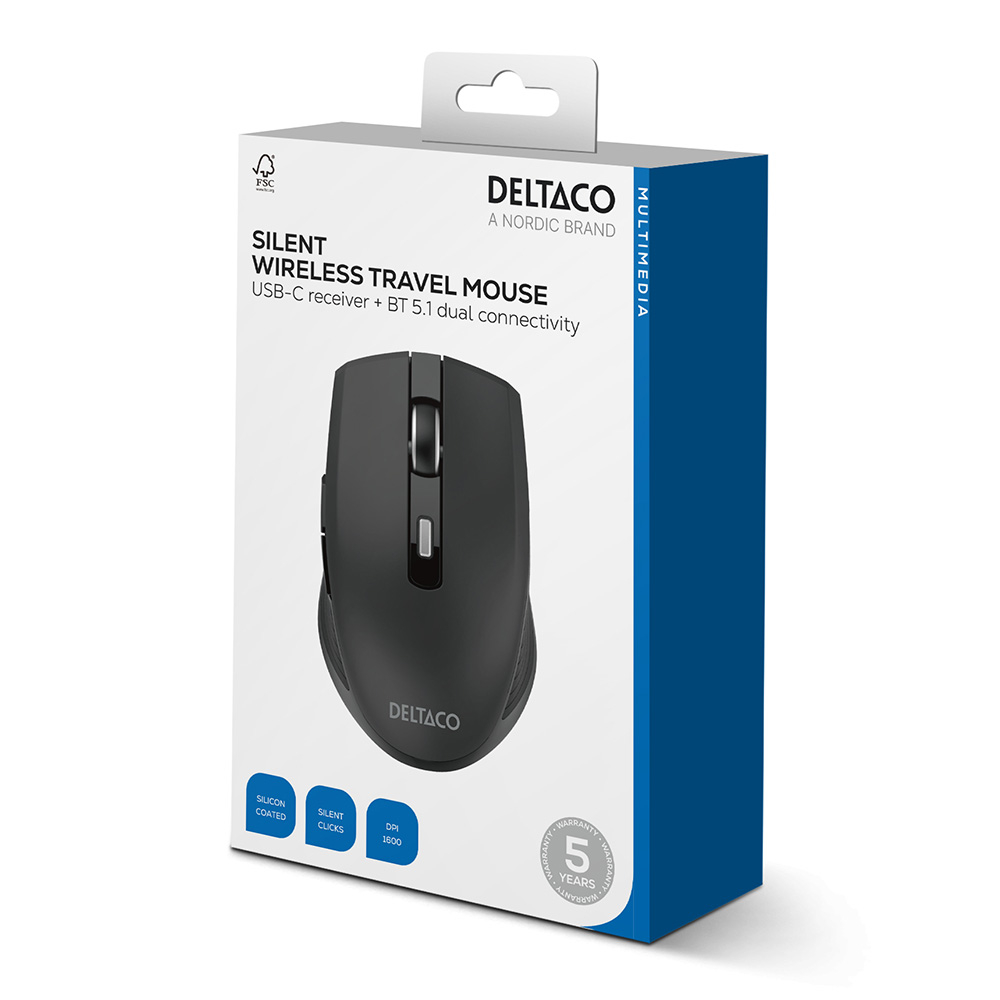 DELTACO Trådlös tyst mus med USB-C-mottagare, svart