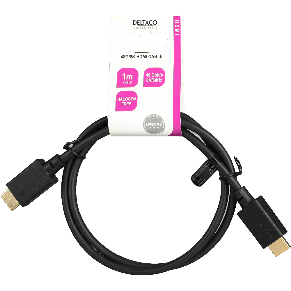 Deltaco Ultra High Speed HDMI-kabel, LSZH, 48Gbps, 1m, svart