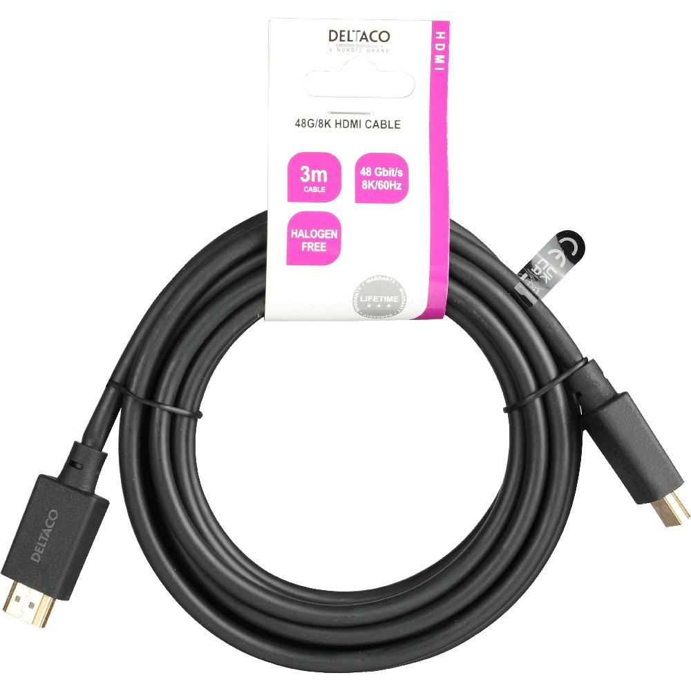 Deltaco Ultra High Speed HDMI-kabel, LSZH, 48Gbps, 3m, svart