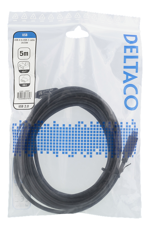 Deltaco USB-A till USB-C kabel, 5m, 1A, USB2.0, svart