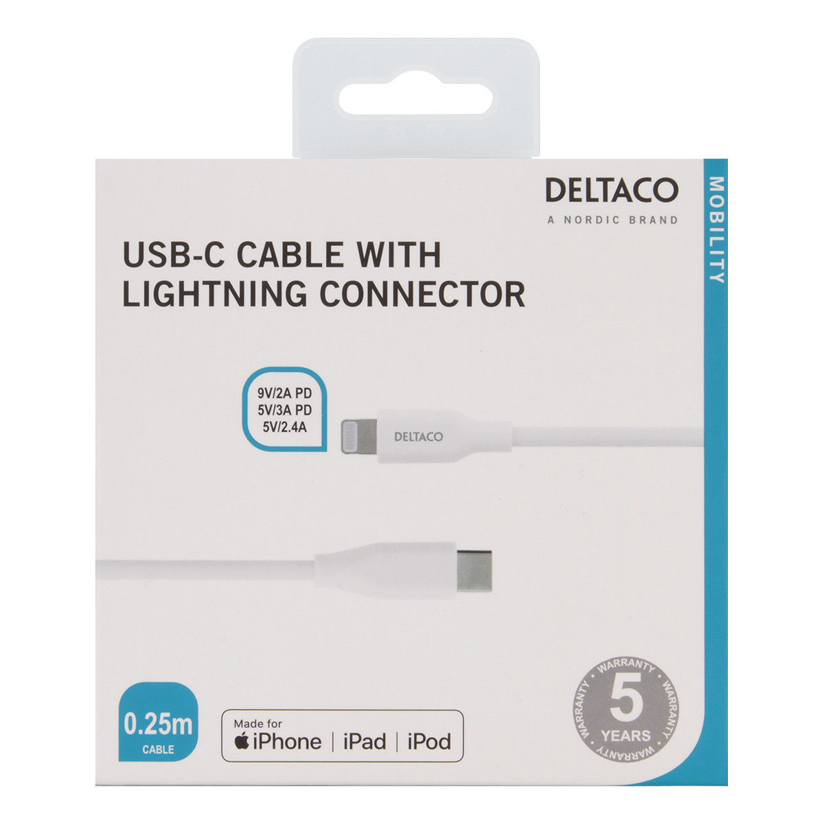 DELTACO USB-C - Lightning kabel, 0.25m, 9V/2A 5V/3A PD, vit
