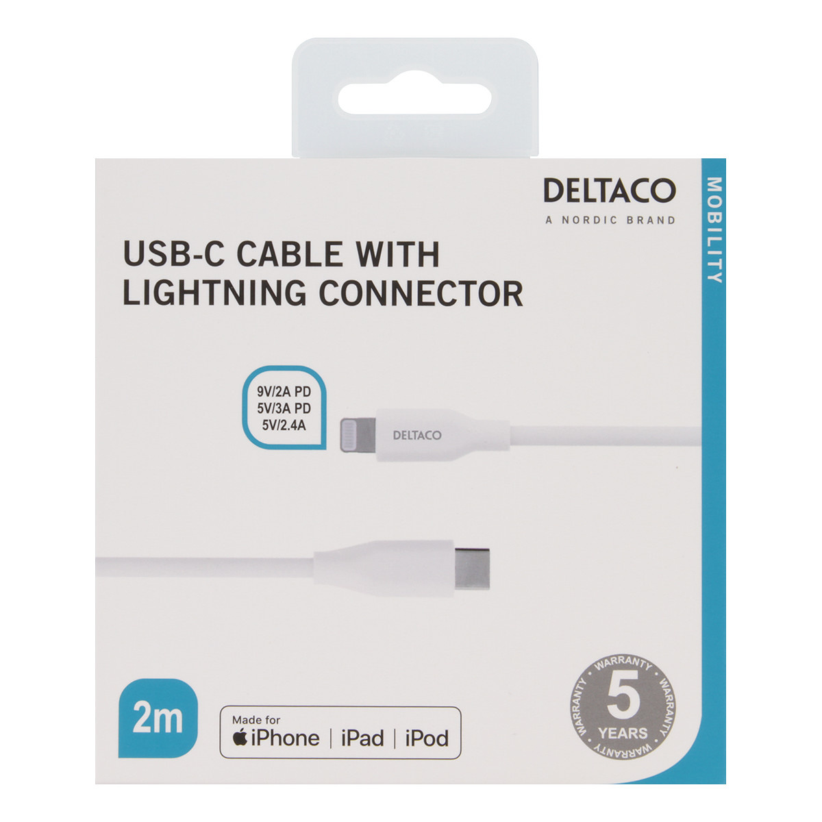 DELTACO USB-C - Lightning kabel, 2m, 9V/2A  5V/3A, 5V/2.4A, vit