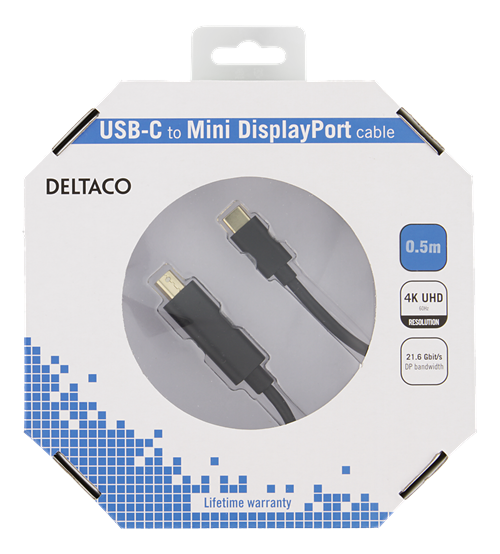 Deltaco USB-C till MiniDP kabel, 3840x2160, 60Hz, 0.5m, svart